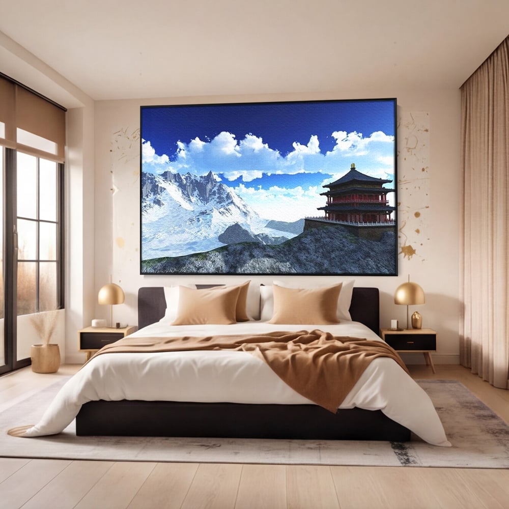 Tablou canvas cu tablou canvas cu pagoda si munti inzapeziti, in rama de aluminiu negru, pe perete intr-un dormitor